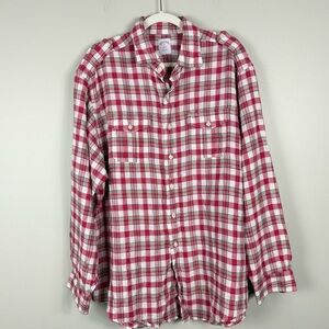 Brooks Bothers Linen Button Up Shirt Men XL Red White Plaid MIlitary Tab Shirt